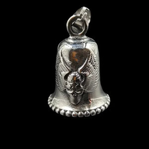 silver gremlin bell with skull and wings