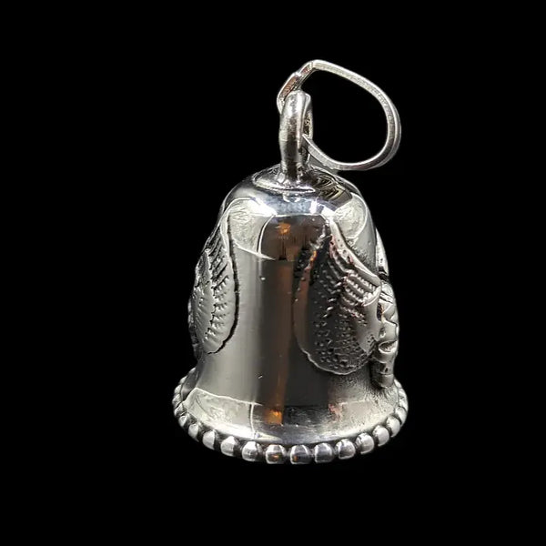 silver gremlin bell with skull and wings