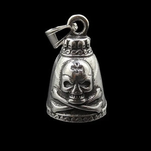 silver gremlin bell with skull and biker cross