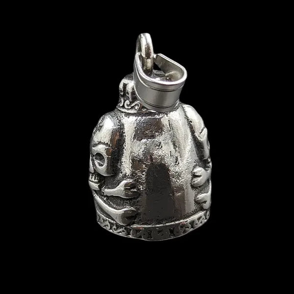 silver gremlin bell with skull and biker cross
