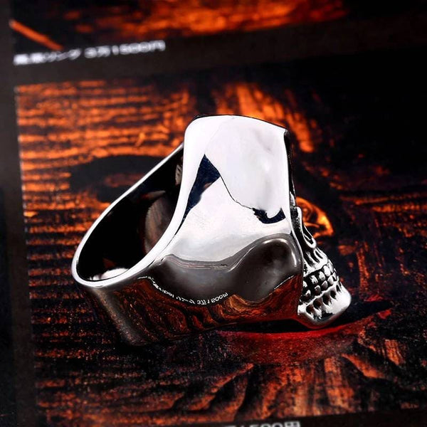 silver skull ring with hood