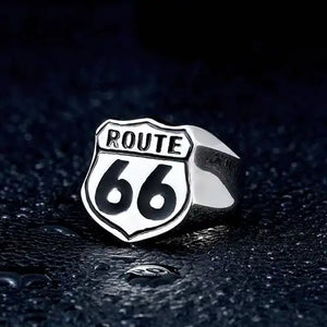 silver ring with the route 66 logo