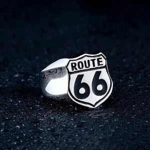 silver ring with the route 66 logo