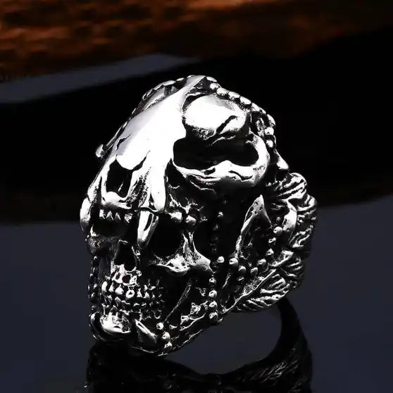silver ring of tribal skull with animal headdress
